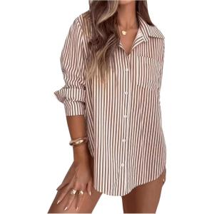 imageSweatyRocks Womens Striped Long Sleeve Collared Shirts Button Down Blouses with Pocket Dressy CasualKhaki