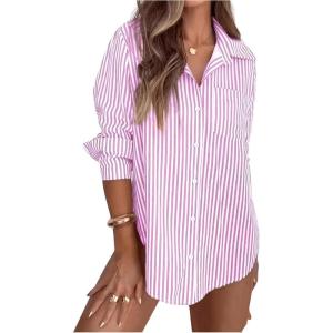 imageSweatyRocks Womens Striped Long Sleeve Collared Shirts Button Down Blouses with Pocket Dressy CasualPink