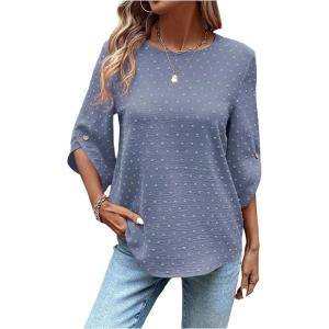imageSweatyRocks Womens Swiss Dots 34 Sleeve Blouse Crew Neck Top Casual ShirtsDusty Blue