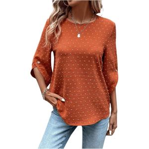 imageSweatyRocks Womens Swiss Dots 34 Sleeve Blouse Crew Neck Top Casual ShirtsOrange