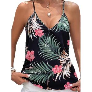 imageSweatyRocks Womens V Neck Floral Print Cami Tank Top Sleeveless Blouse ShirtBlack Leaf