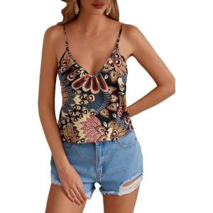imageSweatyRocks Womens V Neck Floral Print Cami Tank Top Sleeveless Blouse ShirtBlack and Blue