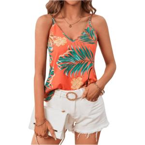 imageSweatyRocks Womens V Neck Floral Print Cami Tank Top Sleeveless Blouse ShirtOrange Floral