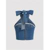 imageSweatyRocks Womens Crisscross Tie Neck Sleeveless Halter Fitted Ruched Denim Tank TopLight Wash