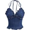 imageSweatyRocks Womens Frill Trim V Neck Denim Cami Top Sleeveless Slim Fit Tie Back Halter TopsDark Wash