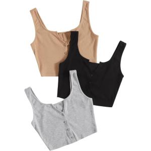 imageSweatyRocks Womens 3 Piece Button Ribbed Knit Crop Tank Top Scoop Neck Basic Cami TopsBlack Grey Khaki