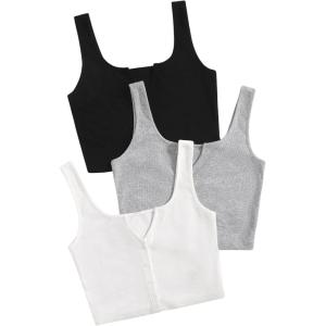 imageSweatyRocks Womens 3 Piece Button Ribbed Knit Crop Tank Top Scoop Neck Basic Cami TopsBlack White Grey