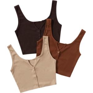 imageSweatyRocks Womens 3 Piece Button Ribbed Knit Crop Tank Top Scoop Neck Basic Cami TopsBrown Khaki