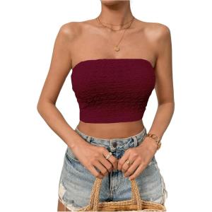 imageSweatyRocks Womens Casual Sleeveless Smocked Bandeau Top Strapless Slim Fit Crop Tube TopsBurgundy