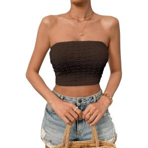 imageSweatyRocks Womens Casual Sleeveless Smocked Bandeau Top Strapless Slim Fit Crop Tube TopsChocolate Brown