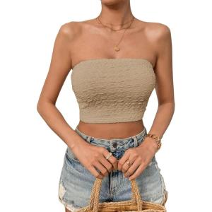 imageSweatyRocks Womens Casual Sleeveless Smocked Bandeau Top Strapless Slim Fit Crop Tube TopsKhaki