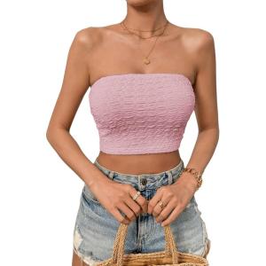 imageSweatyRocks Womens Casual Sleeveless Smocked Bandeau Top Strapless Slim Fit Crop Tube TopsPink