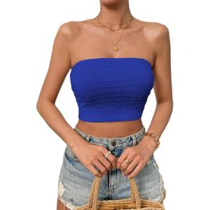 imageSweatyRocks Womens Casual Sleeveless Smocked Bandeau Top Strapless Slim Fit Crop Tube TopsRoyal Blue