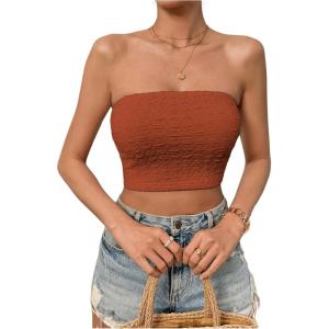 imageSweatyRocks Womens Casual Sleeveless Smocked Bandeau Top Strapless Slim Fit Crop Tube TopsSolid Brown