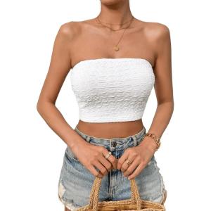 imageSweatyRocks Womens Casual Sleeveless Smocked Bandeau Top Strapless Slim Fit Crop Tube TopsWhite