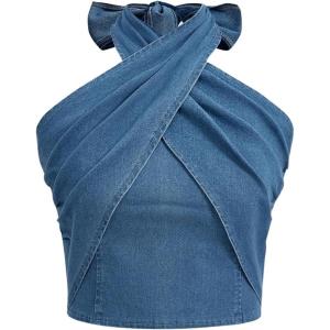 imageSweatyRocks Womens Crisscross Tie Neck Sleeveless Halter Fitted Ruched Denim Tank TopLight Wash