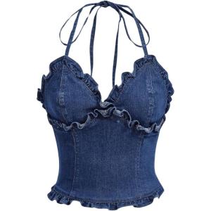 imageSweatyRocks Womens Frill Trim V Neck Denim Cami Top Sleeveless Slim Fit Tie Back Halter TopsDark Wash