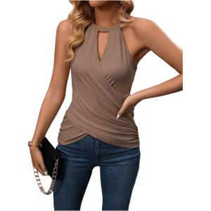 imageSweatyRocks Womens Ruched Cut Out Criss Cross Wrap Halter Top Sleeveless Cami Tank TopBrown
