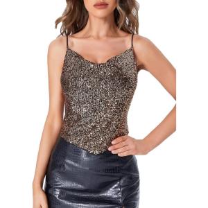 imageSweatyRocks Womens Sleeveless Sparkle Sequin Cami Crop Top Spaghetti Strap Party TopsBronze