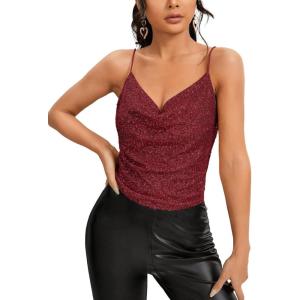 imageSweatyRocks Womens Sleeveless Sparkle Sequin Cami Crop Top Spaghetti Strap Party TopsBurgundy