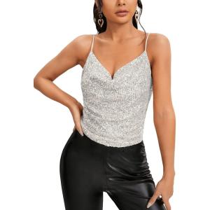 imageSweatyRocks Womens Sleeveless Sparkle Sequin Cami Crop Top Spaghetti Strap Party TopsSilver