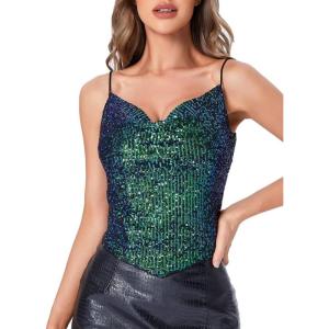 imageSweatyRocks Womens Sleeveless Sparkle Sequin Cami Crop Top Spaghetti Strap Party TopsTeal Blue