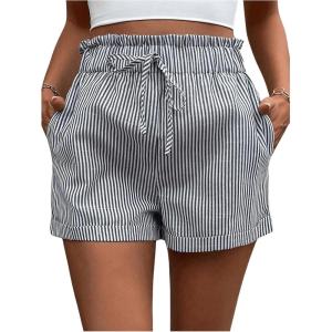 imageSweatyRocks Womens Striped Pattern Drawstring Waist Shorts Wide Leg Summer Shorts with PocketsBlack and White
