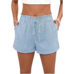 imageSweatyRocks Womens Striped Pattern Drawstring Waist Shorts Wide Leg Summer Shorts with PocketsLight Blue