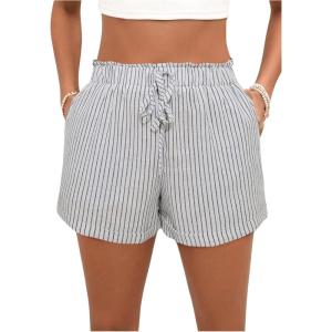 imageSweatyRocks Womens Striped Pattern Drawstring Waist Shorts Wide Leg Summer Shorts with PocketsWhite