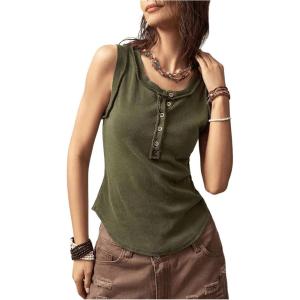 imageSweatyRocks Womens Tank Tops Casual Solid Color Button Front Sleeveless Shirts Henley Knit Tees BlousesArmy Green