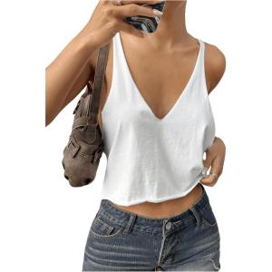 imageSweatyRocks Womens Tank Tops V Neck Sleeveless Casual Summer Loose Crop Cami TopsWhite