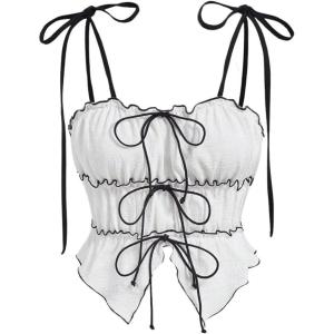 imageSweatyRocks Womens Tie Front Bow Knot Tank Contrast Trim Asymmetrical Hem Cami TopsWhite