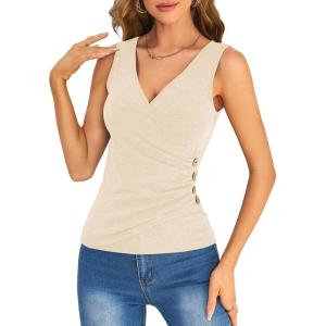 imageSweatyRocks Womens Wrap Ruched Tank Tops VNeck Solid Button Design Slim Fit Casual Holiday Summer Tee TopsApricot