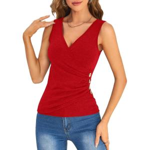 imageSweatyRocks Womens Wrap Ruched Tank Tops VNeck Solid Button Design Slim Fit Casual Holiday Summer Tee TopsRed