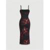 imageSweatyRocks Womens Allover Print Spaghetti Strap Bodycon Dress Elegant Sleeveless Lettuce Trim Midi DressesBlack