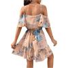 imageSweatyRocks Womens Boho Floral Print Short Sleeve Cold Shoulder Cami Dress Ruffle Hem Short DressesApricot Blue