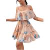 imageSweatyRocks Womens Boho Floral Print Short Sleeve Cold Shoulder Cami Dress Ruffle Hem Short DressesApricot Blue
