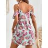 imageSweatyRocks Womens Boho Floral Print Short Sleeve Cold Shoulder Cami Dress Ruffle Hem Short DressesBlue and Red