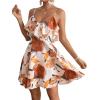 imageSweatyRocks Womens Boho Floral Print Short Sleeve Cold Shoulder Cami Dress Ruffle Hem Short DressesWhite and Orange