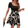 imageSweatyRocks Womens Graphic Short Sleeve Belted Mini Dress A Line Flared Skater DressesBlack Beige