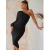 imageSweatyRocks Womens Ruched Long Sleeve Asymmetrical Neck Midi Bodycon Dress Elegant Mesh Slim Fit DressesBlack