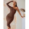 imageSweatyRocks Womens Ruched Long Sleeve Asymmetrical Neck Midi Bodycon Dress Elegant Mesh Slim Fit DressesCoffee Brown