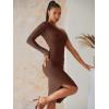 imageSweatyRocks Womens Ruched Long Sleeve Asymmetrical Neck Midi Bodycon Dress Elegant Mesh Slim Fit DressesCoffee Brown