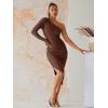 imageSweatyRocks Womens Ruched Long Sleeve Asymmetrical Neck Midi Bodycon Dress Elegant Mesh Slim Fit DressesCoffee Brown