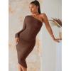 imageSweatyRocks Womens Ruched Long Sleeve Asymmetrical Neck Midi Bodycon Dress Elegant Mesh Slim Fit DressesCoffee Brown