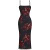 imageSweatyRocks Womens Allover Print Spaghetti Strap Bodycon Dress Elegant Sleeveless Lettuce Trim Midi DressesBlack