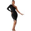 imageSweatyRocks Womens Ruched Long Sleeve Asymmetrical Neck Midi Bodycon Dress Elegant Mesh Slim Fit DressesBlack