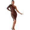 imageSweatyRocks Womens Ruched Long Sleeve Asymmetrical Neck Midi Bodycon Dress Elegant Mesh Slim Fit DressesCoffee Brown