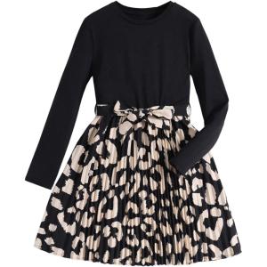 imageSweatyRocks Girls Leopard Print A Line Dress Long Sleeve Crewneck Pleated Dresses with BeltBrown