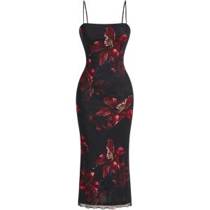 imageSweatyRocks Womens Allover Print Spaghetti Strap Bodycon Dress Elegant Sleeveless Lettuce Trim Midi DressesBlack